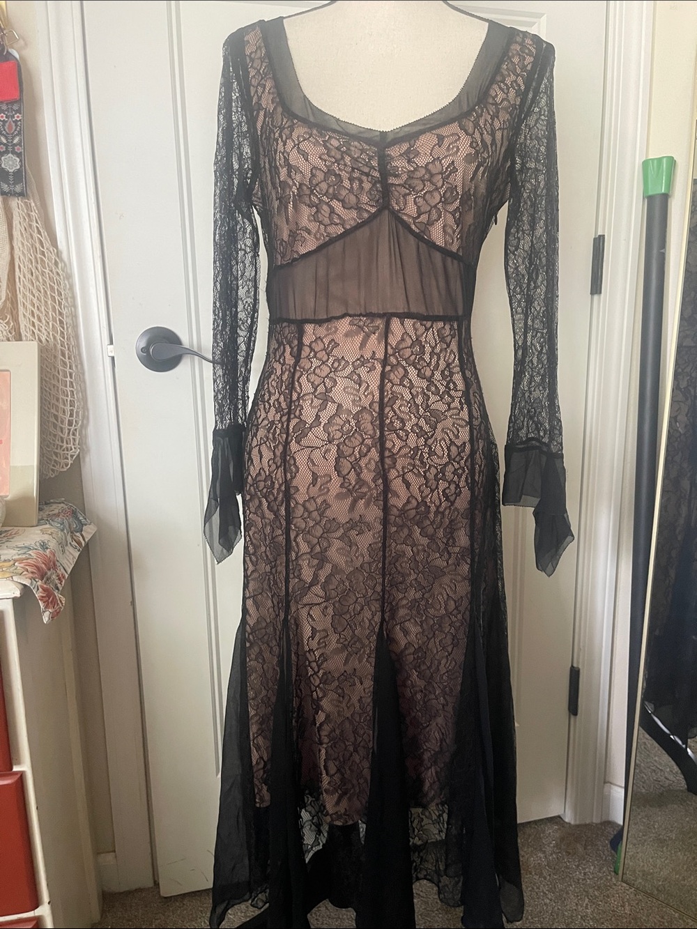 BCBGMaxAzria Black Lace Long-Sleeve Maxi Dress with Nude Slip